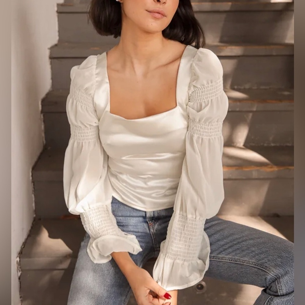 Lulu's Style Streak Ivory Satin Square Neck Tie-Back Long Sleeve Top Size XS